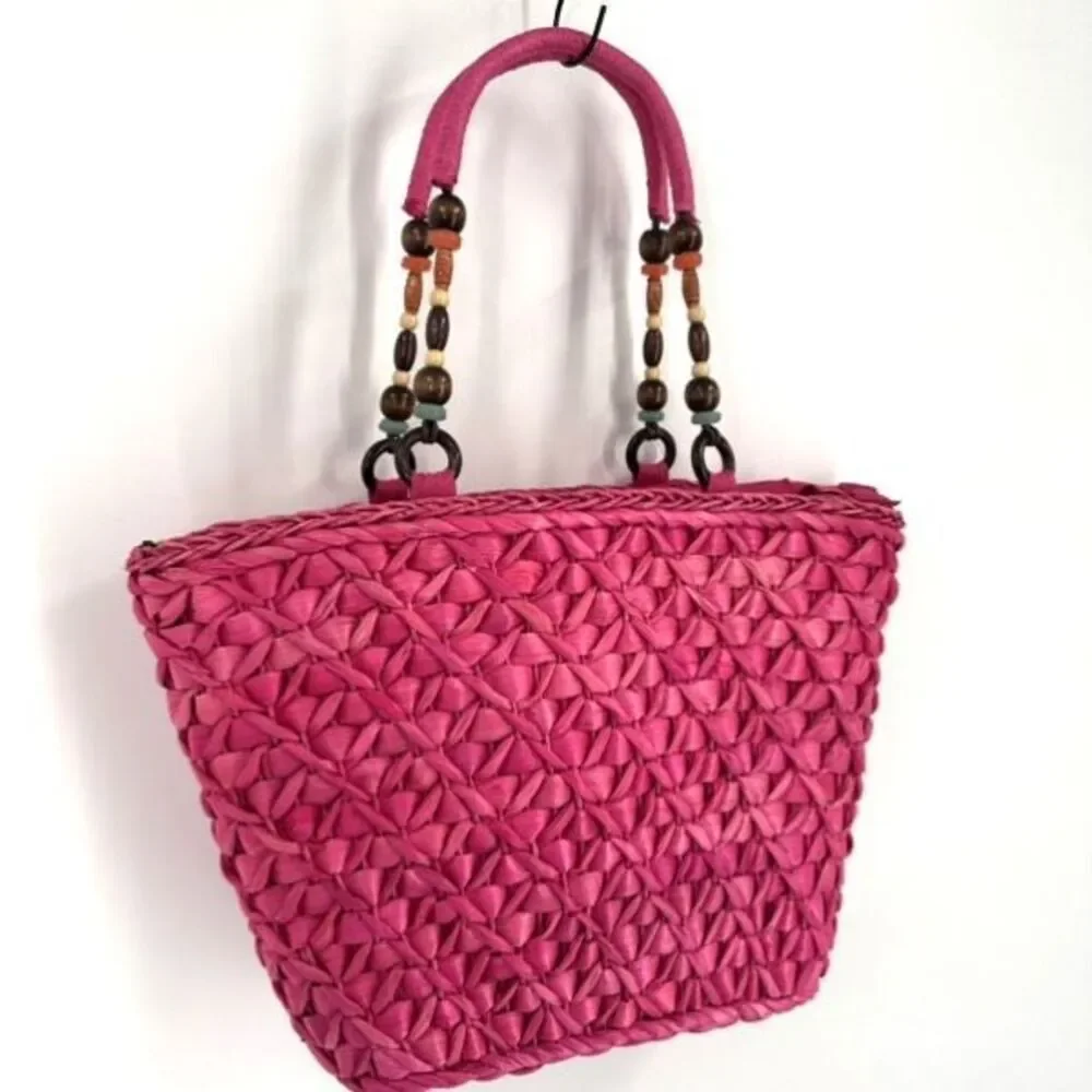 NWT Barney’s NY Pink Straw‎ Beaded Handle Tote Bag